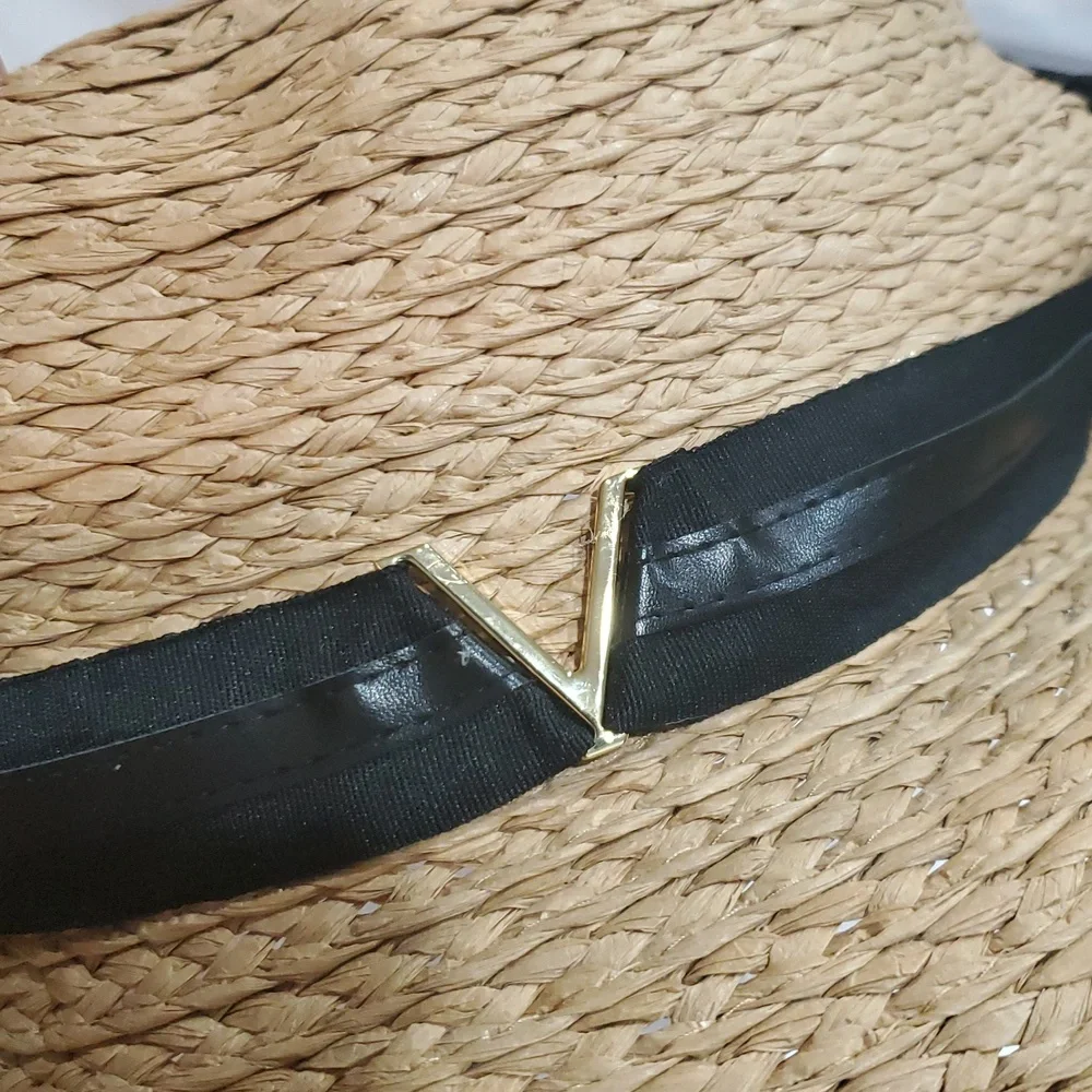 Vince Camuto tan and black ribbon trim straw fedora‎ summer UPF 50+ sun hat new